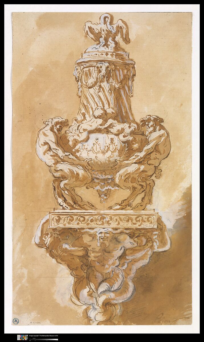 Design for a Vase and Supporting Console, Augustin Pajou (French, Paris 1730–1809 Paris), Pen and brown ink, brush and brown wash, over black chalk, heightened with white gouache