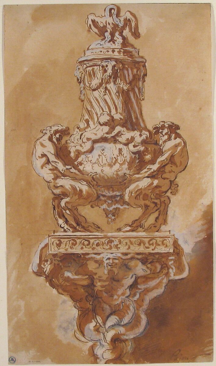 Design for a Vase and Supporting Console, Augustin Pajou (French, Paris 1730–1809 Paris), Pen and brown ink, brush and brown wash, over black chalk, heightened with white gouache 