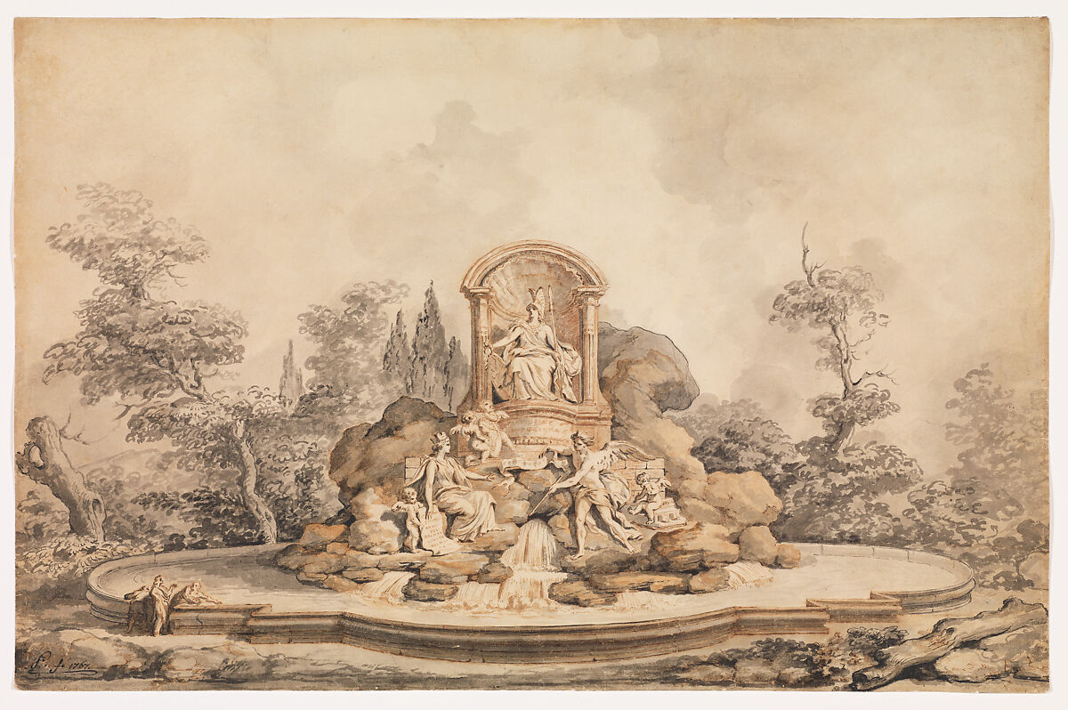 Project for a Monumental Fountain, Augustin Pajou (French, Paris 1730–1809 Paris), Pen and brown and black ink, brush and brown and gray wash 