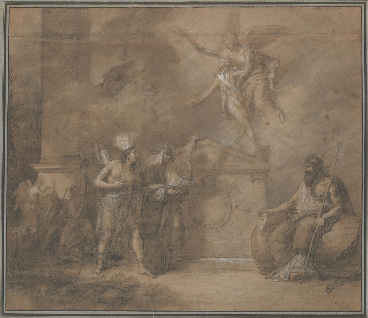 Washington's Tomb, Etienne Pallière (French, Bordeaux 1761–1820), Black crayon and white chalk on buff paper 