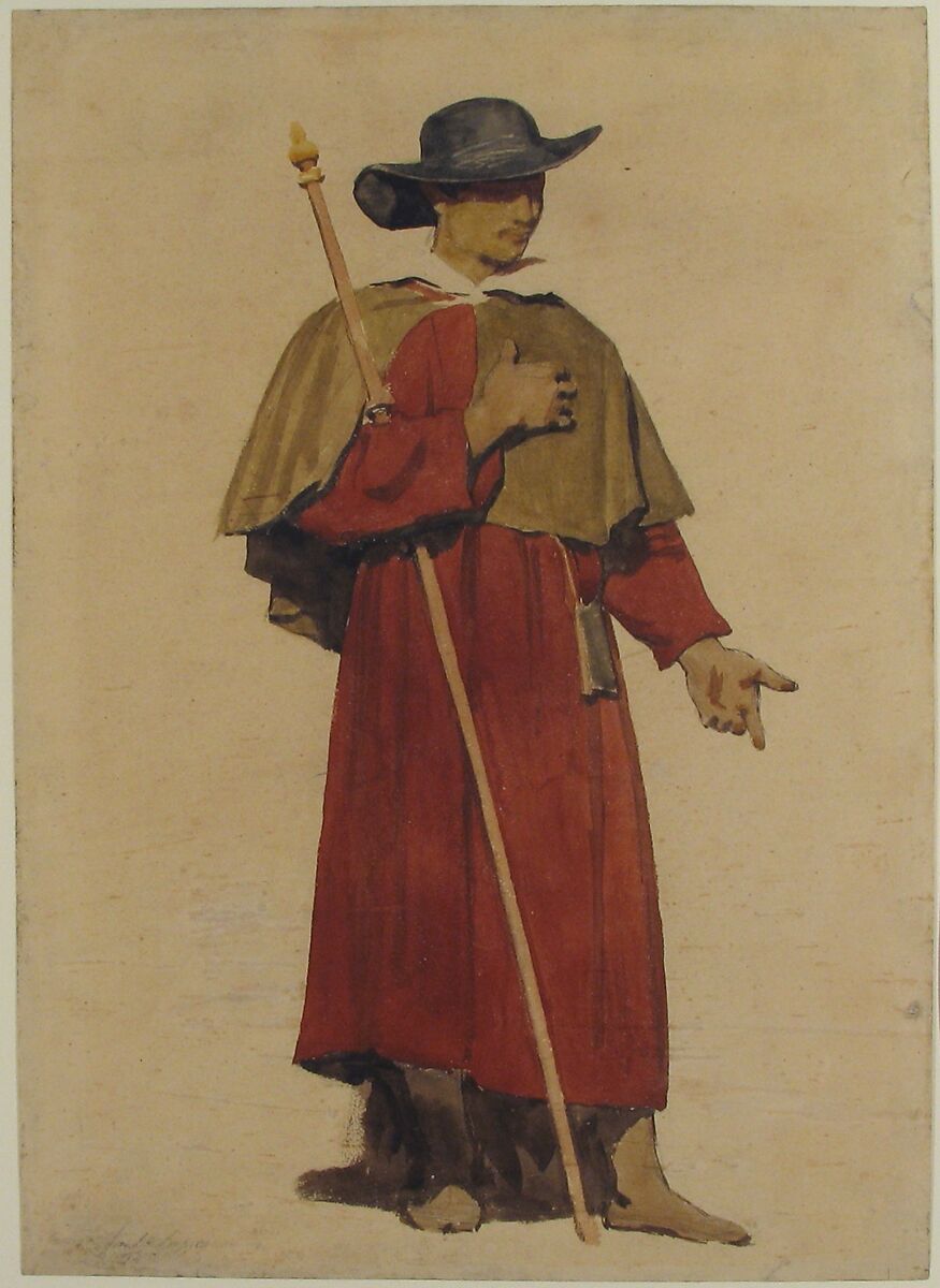 An Italian Pilgrim, Dominique-Ferréol-Louis Papety (French, Marseilles 1815–1849 Marseilles), Brush, brown, beige, red, and black wash, over black chalk 