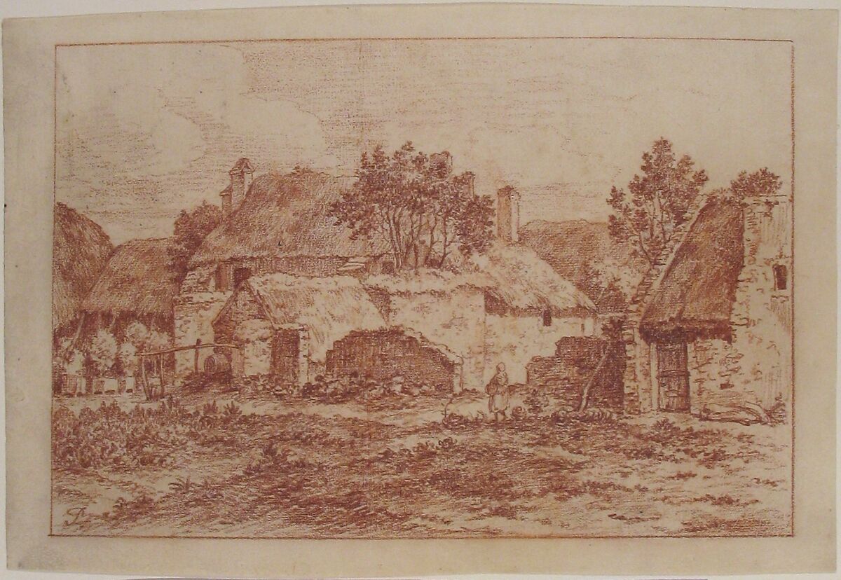 Landscape With a Farmyard, Thatched-Roofed Buildings and a Peasant Woman, Anonymous, French, 18th century, Red chalk 