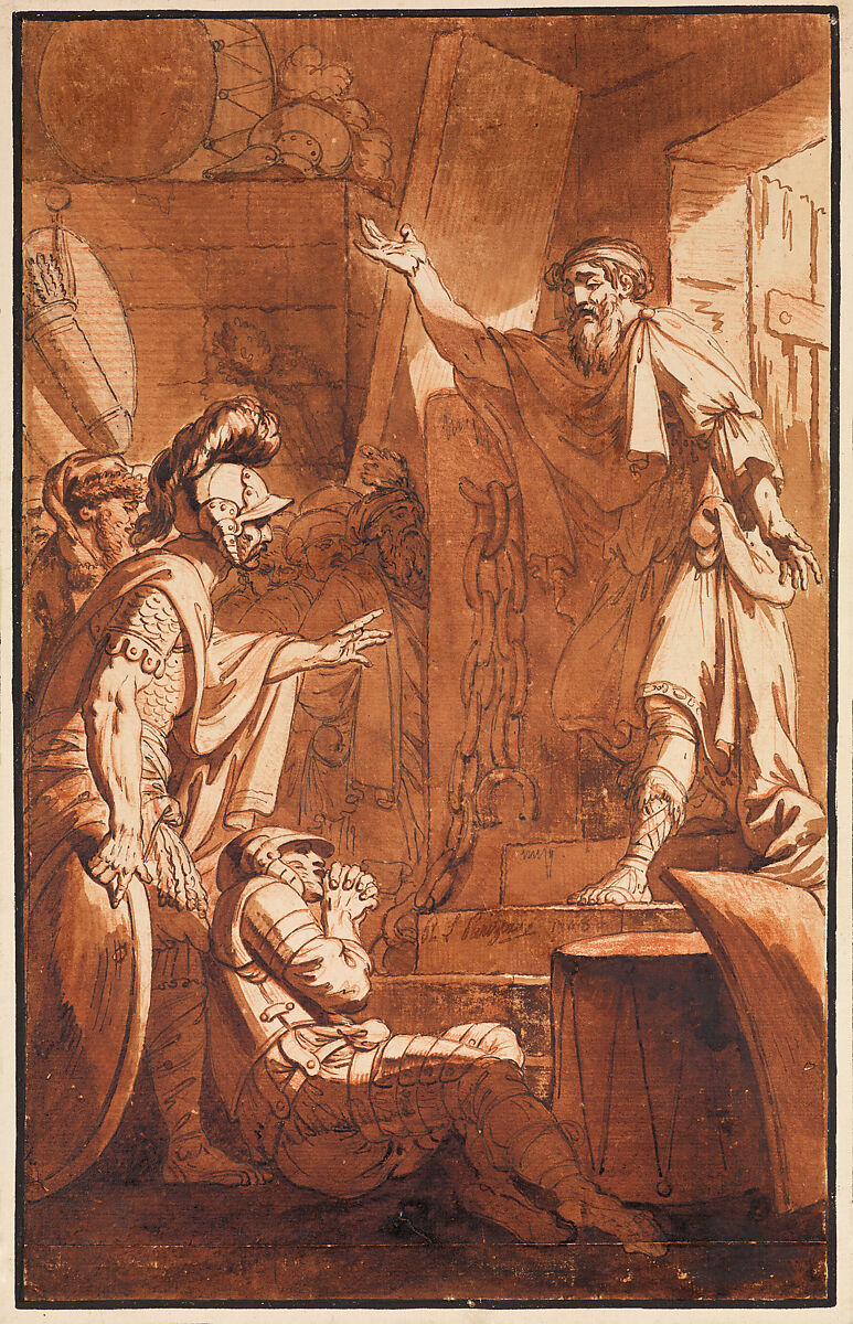 Messenger at the Door of a Guardhouse, Philippe Louis Parizeau (French, Paris 1740–1801 Paris), Pen and brown ink, brown wash, over a red chalk counterproof, and traces of graphite 