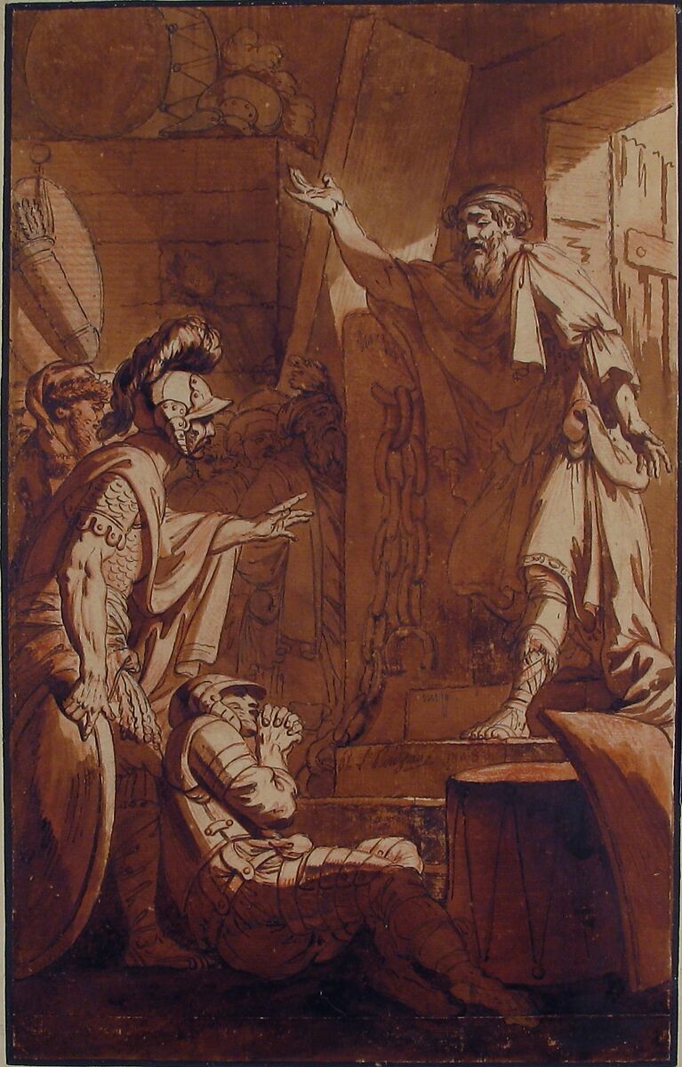 Messenger at the Door of a Guardhouse, Philippe Louis Parizeau (French, Paris 1740–1801 Paris), Pen and brown ink, brown wash, over a red chalk counterproof, and traces of graphite