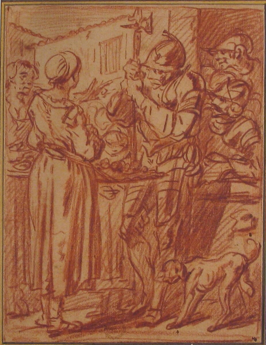 Lansquenets Talking with Market Women, Charles Parrocel (French, Paris 1688–1752 Paris), Red chalk 