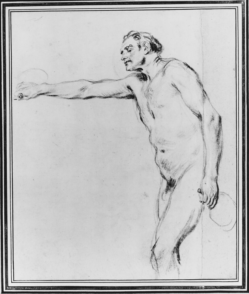 Study of a Nude Man Holding Bottles, Antoine Watteau (French, Valenciennes 1684–1721 Nogent-sur-Marne), Black, red, and white chalk.