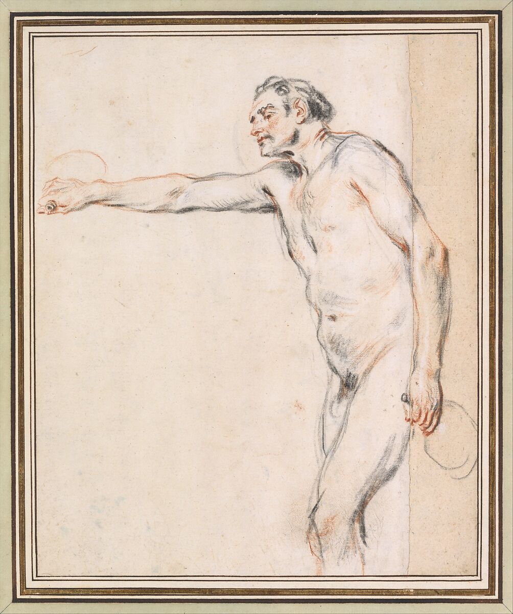 Study of a Nude Man Holding Bottles, Antoine Watteau (French, Valenciennes 1684–1721 Nogent-sur-Marne), Black, red, and white chalk.