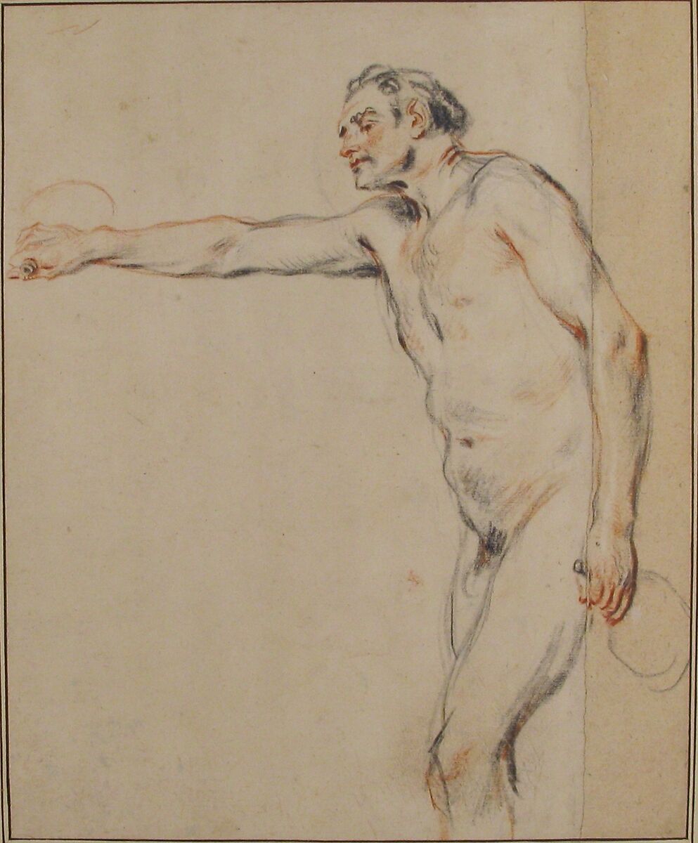 Study of a Nude Man Holding Bottles, Antoine Watteau (French, Valenciennes 1684–1721 Nogent-sur-Marne), Black, red, and white chalk.