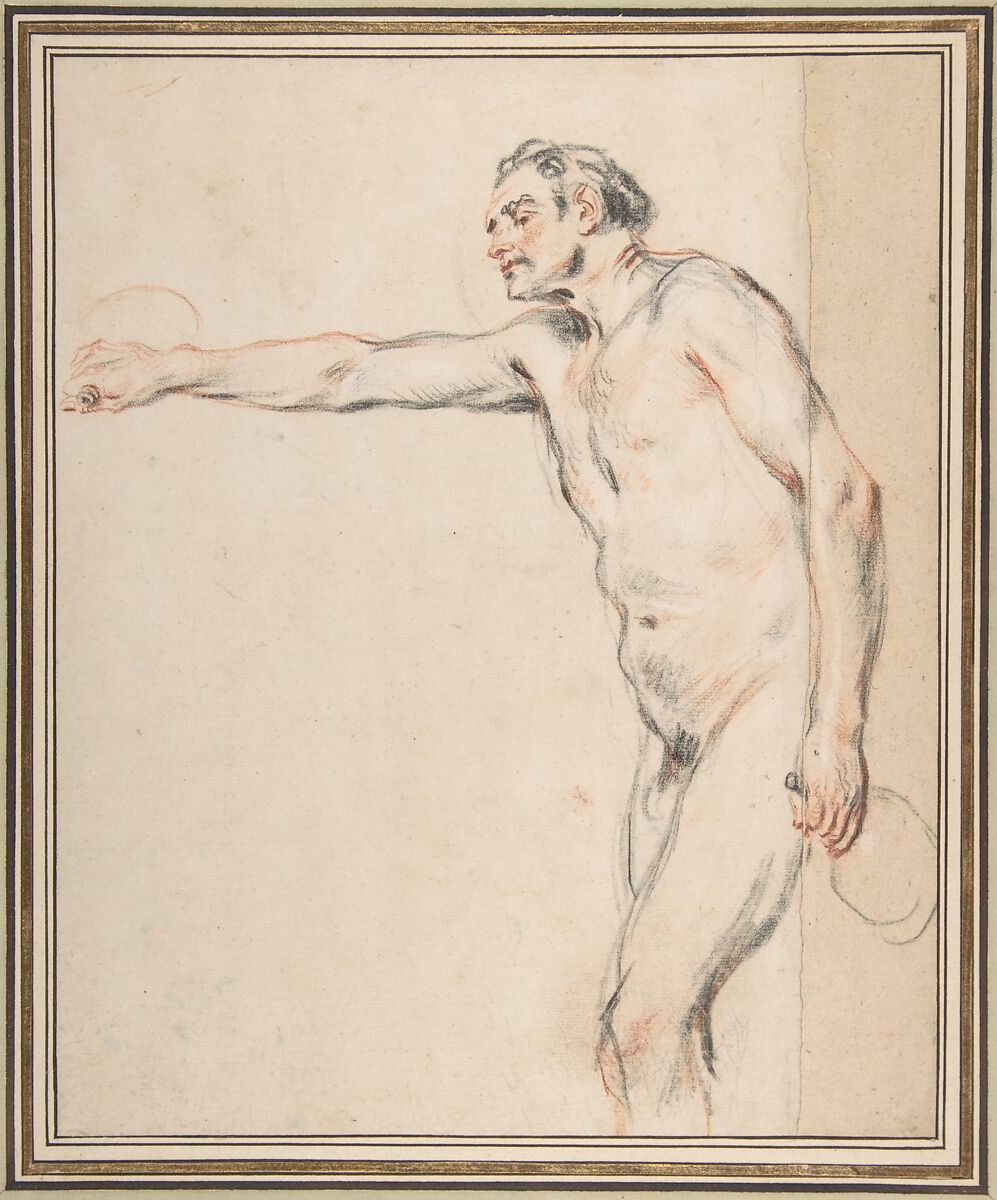 Study of a Nude Man Holding Bottles, Antoine Watteau (French, Valenciennes 1684–1721 Nogent-sur-Marne), Black, red, and white chalk. 