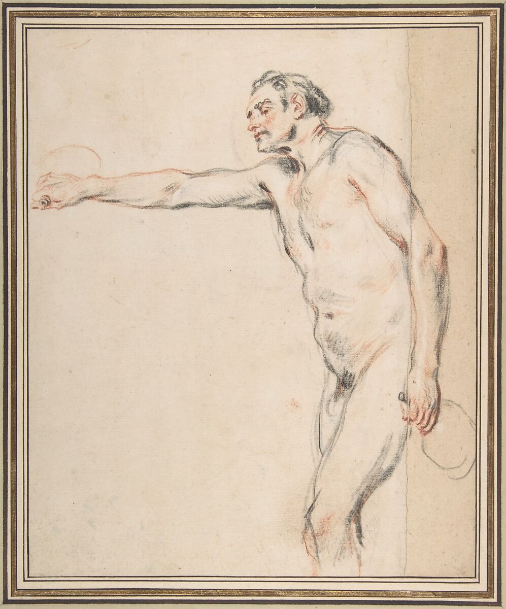 Study of a Nude Man Holding Bottles, Antoine Watteau  French, Black, red, and white chalk.