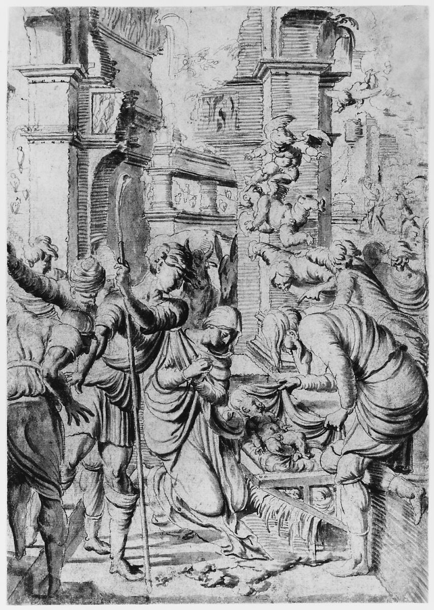 Adoration of the Shepherds, Aertgen Claesz. van Leyden (Netherlandish, Leiden 1498–1564 Leiden), Brush and brown ink and brown wash over black chalk