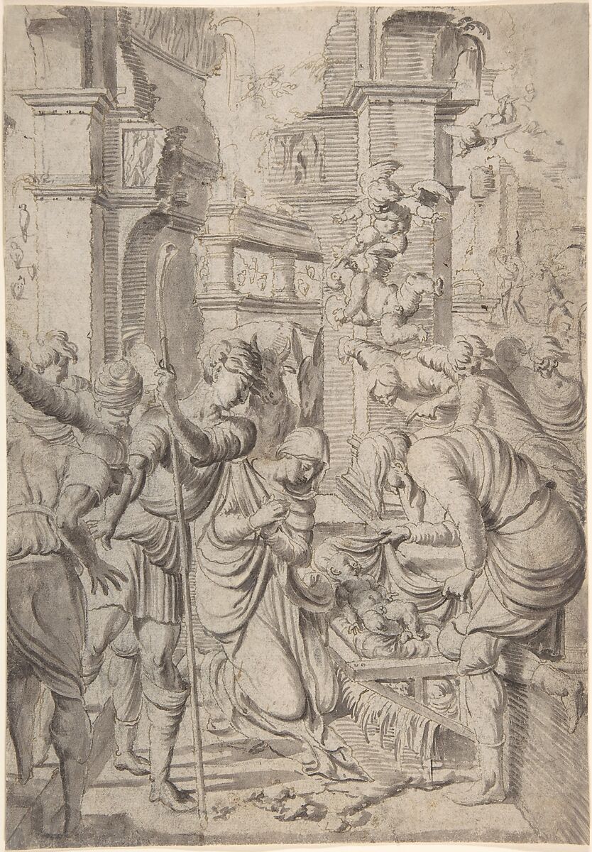 Adoration of the Shepherds, Aertgen Claesz. van Leyden (Netherlandish, Leiden 1498–1564 Leiden), Brush and brown ink and brown wash over black chalk 