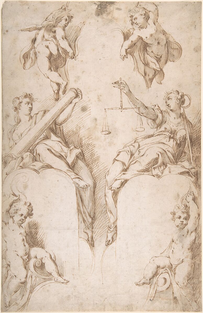 Fortitude and Justice, Hans Speckaert (Netherlandish, Brussels ca. 1540–1577 Rome), Pen and brown ink, brush and brown wash 