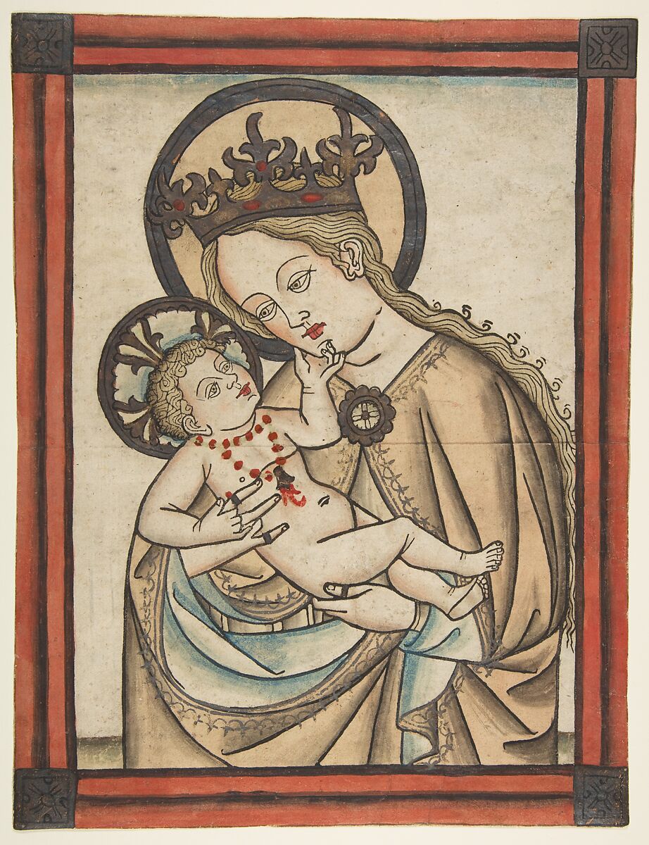Madonna and Child, Anonymous, German, Augsburg, 15th century, Woodcut, hand-colored, borders added by hand 