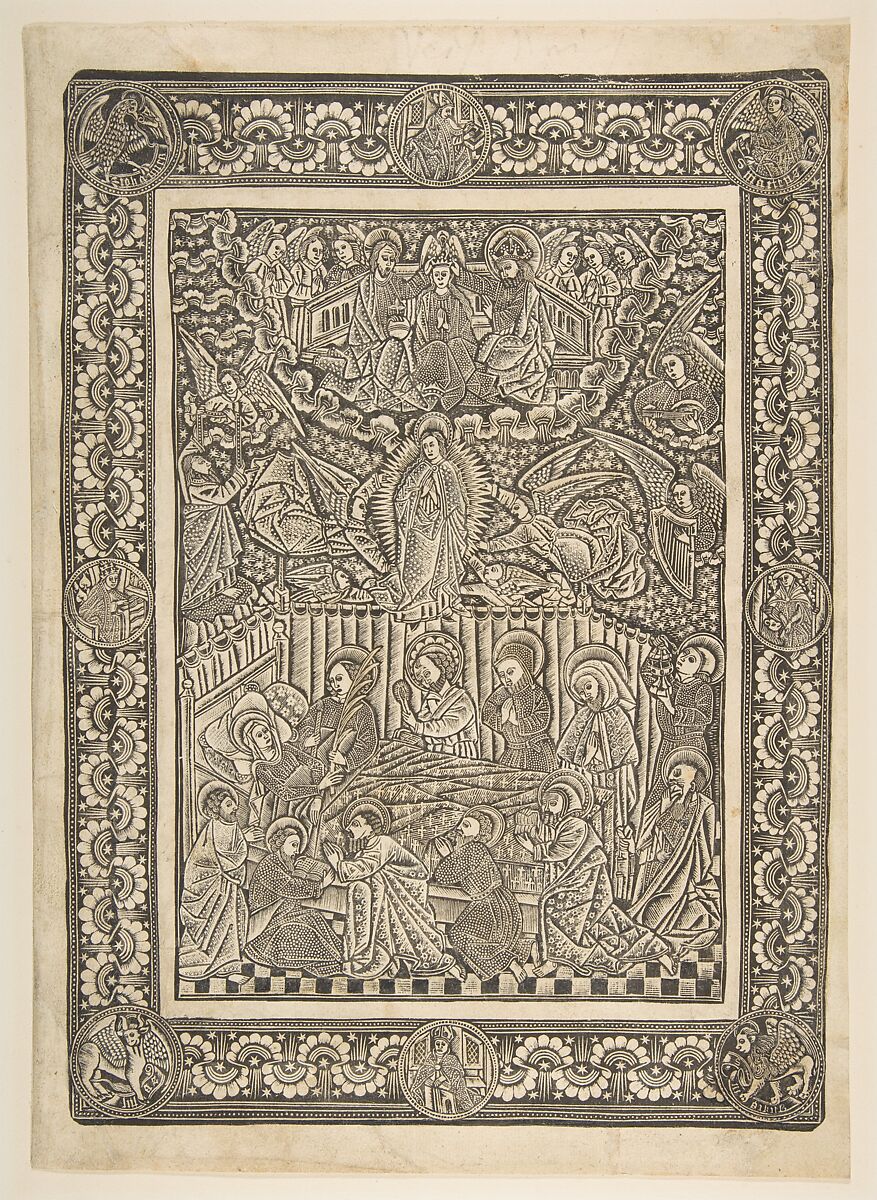 The Death, Assumption, and Crowning of the Virgin, The Master of the Mountainlike Clouds and The Master of the Church Fathers&#39; Border (German, Cologne, 15th century), Metalcut with star, fleur-de-lis, and dot punches, traces of hand-coloring 