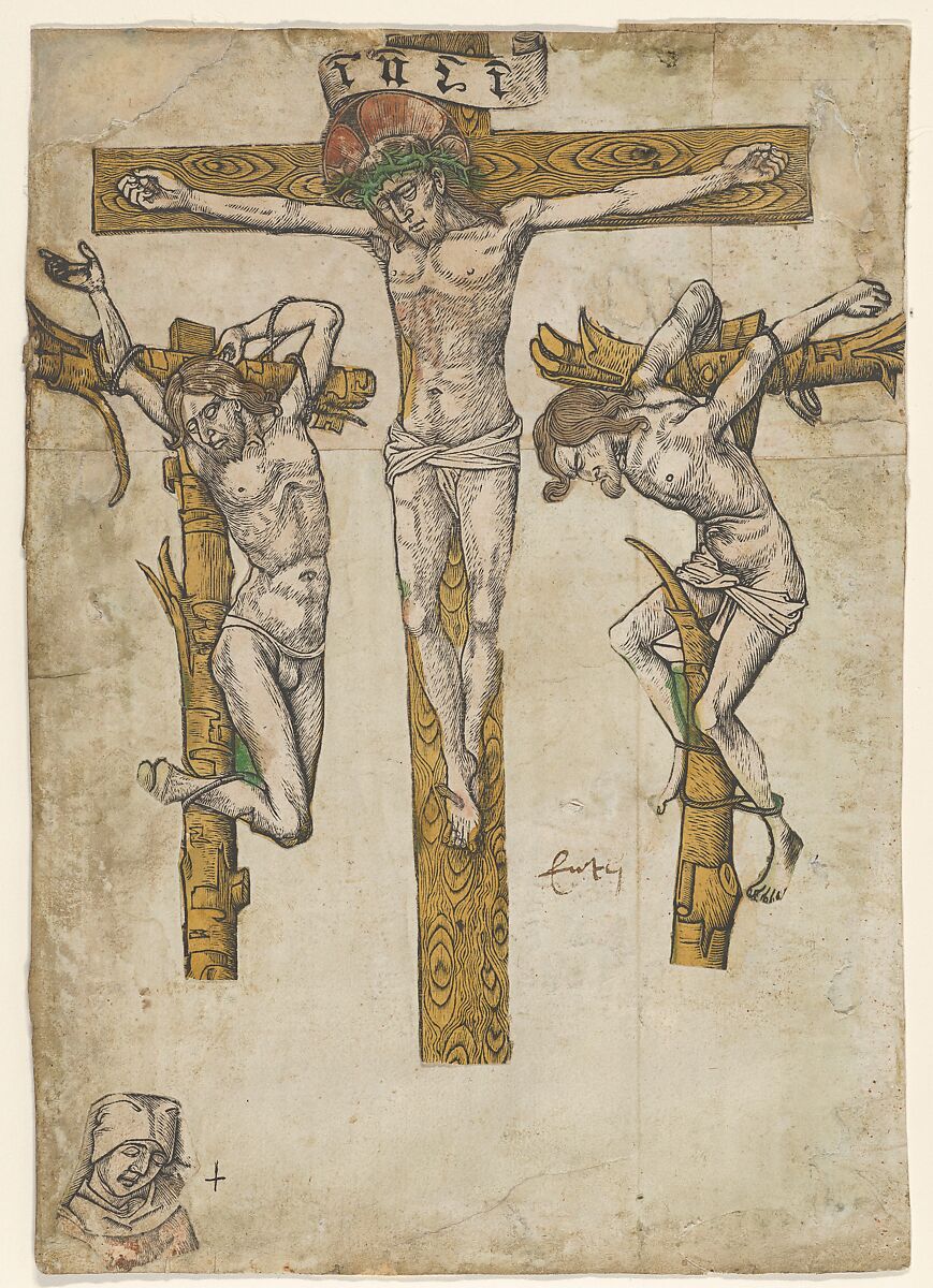 Fragments of a Crucifixion, with the Virgin Mary, Woodcuts, hand-colored