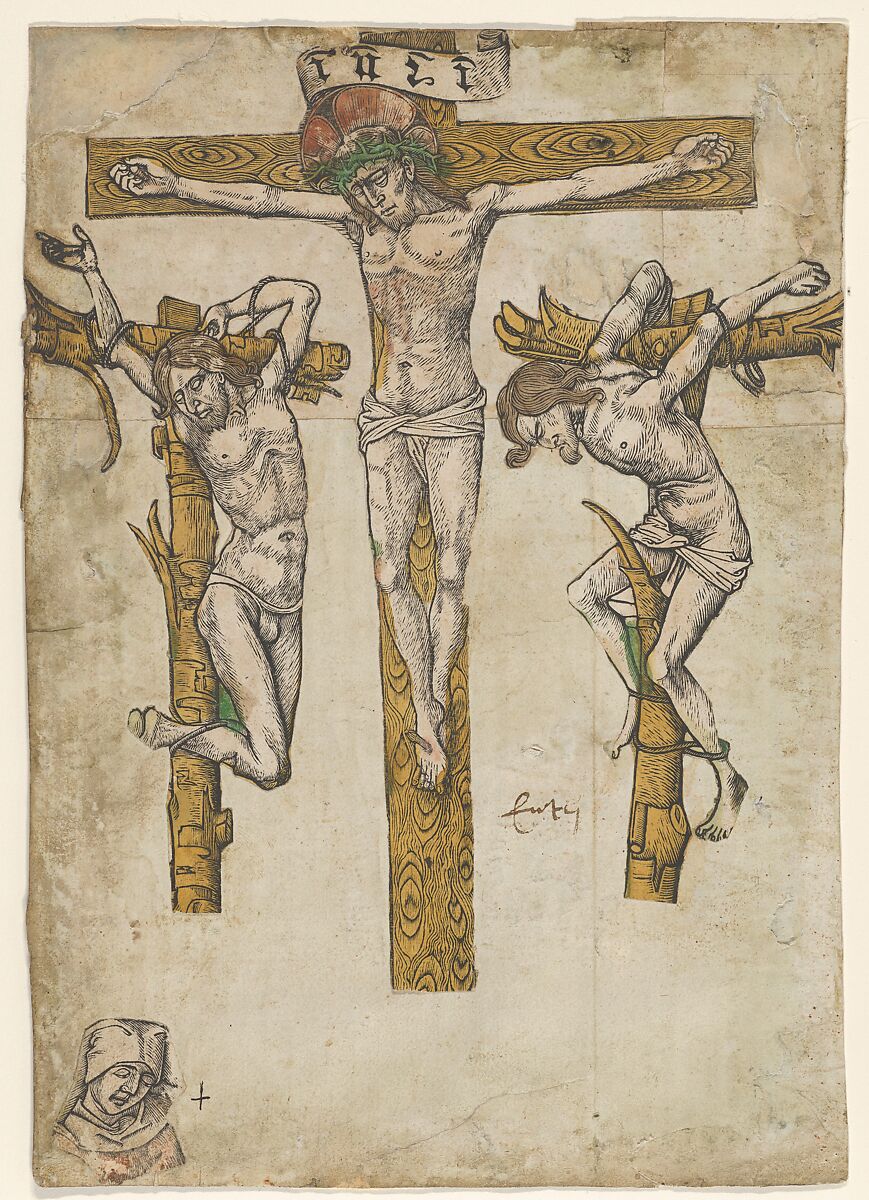 Fragments of a Crucifixion, with the Virgin Mary, Woodcuts, hand-colored 