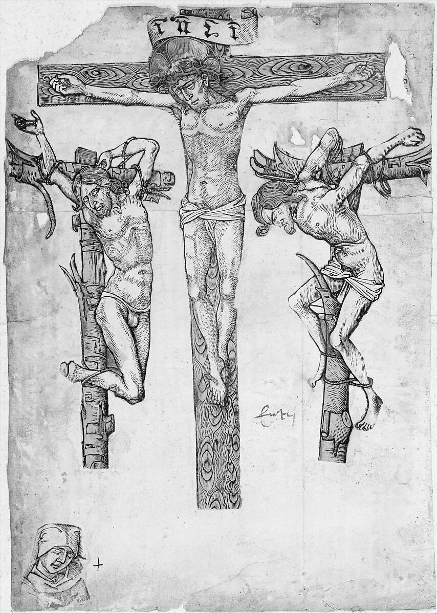Fragments of a Crucifixion, with the Virgin Mary, Woodcuts, hand-colored
