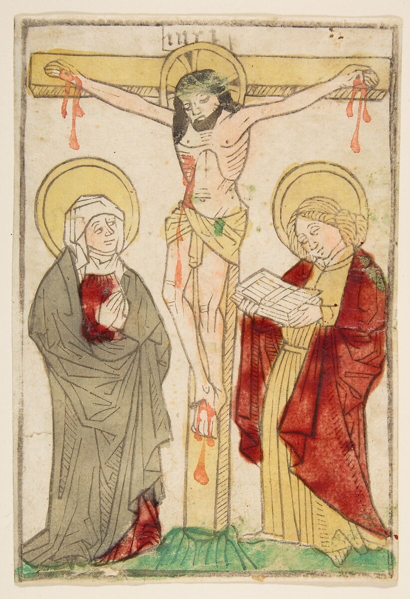 Christ on the Cross with the Virgin and Saint John, Anonymous, German, Swabia, 15th century, Woodcut, hand-colored 