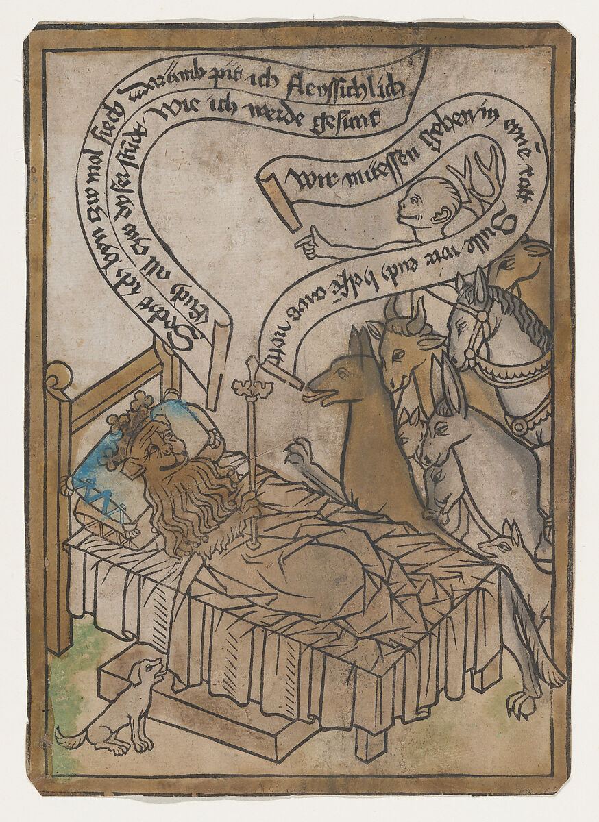 The Sick Lion Summons the Animals to His Bedside from the Sick Lion blockbook, 2nd edition, Anonymous, German, Ulm or Basel, 15th century, Woodcut with hand-coloring 