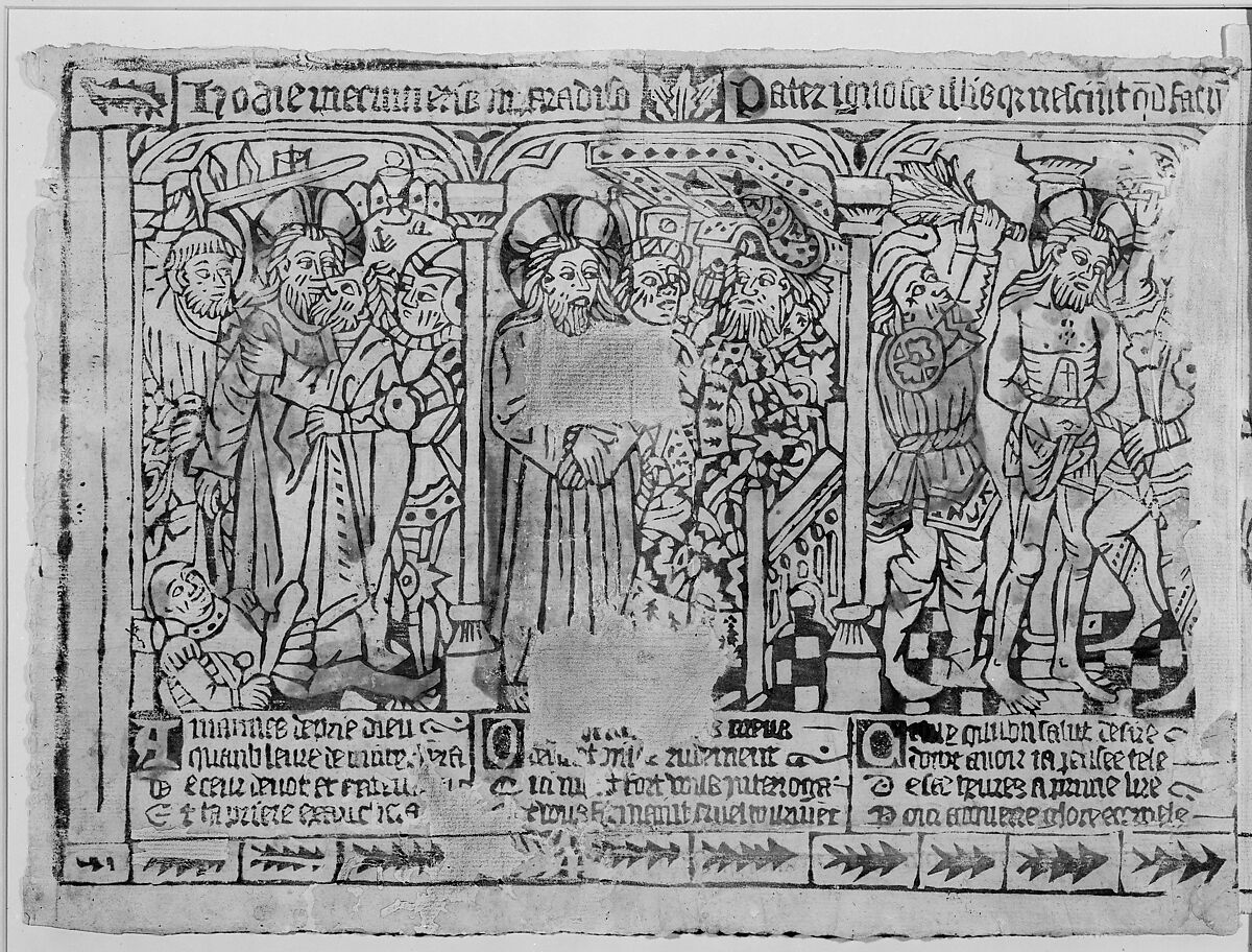 Three Fragments of a Passion Frieze: The Kiss of Judas, Christ before Pilate, and the Flagellation; The Crucifixion and the Descent from the Cross; The Entombment and the Resurrection, Anonymous, French, Amiens, 15th century, Hand-colored woodcut 