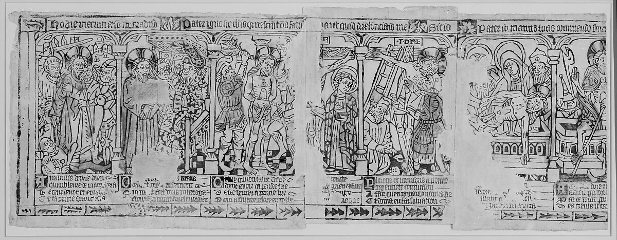 Three Fragments of a Passion Frieze: The Kiss of Judas, Christ before Pilate, and the Flagellation; The Crucifixion and the Descent from the Cross; The Entombment and the Resurrection, Anonymous, French, Amiens, 15th century, Hand-colored woodcut