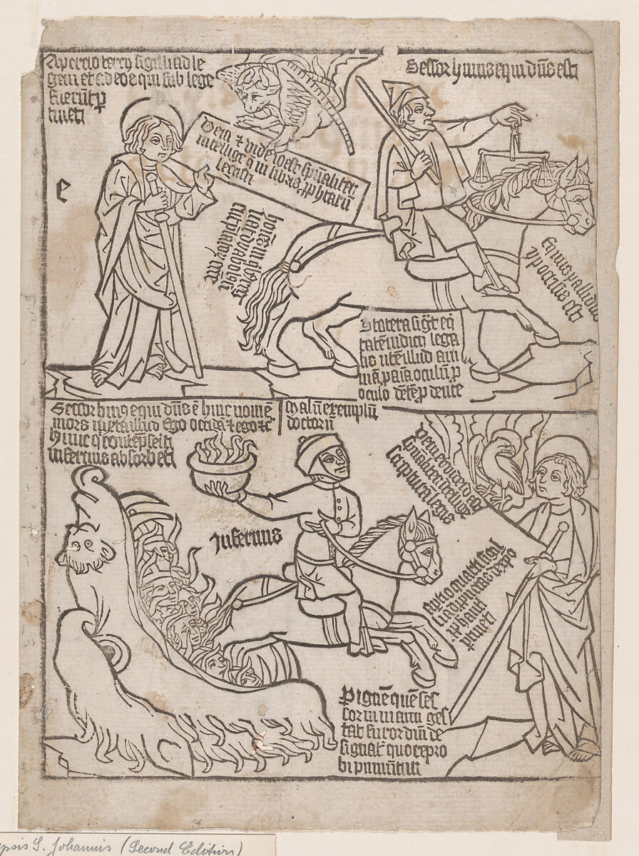 A Rider on a Black Horse with a Pair of Balances in His Hand; and A Pale Horse with Death as Its Rider, from an Apocalypse blockbook, 2nd edition, Anonymous, Netherlandish, 15th century, Woodcut printed in dark brown ink 