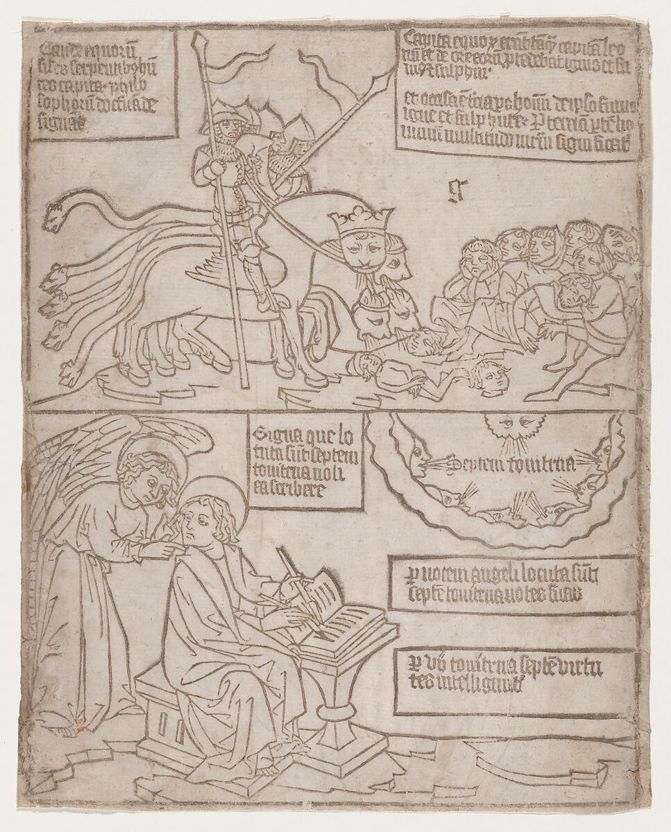 The Angels of the Euphrates Killing Mankind; and The Angel Preventing Saint John from Recording the Words of the Seven Thunders, from an "Apocalypse" blockbook, second edition, Anonymous, Netherlandish, 15th century, Woodcut printed in brown ink 