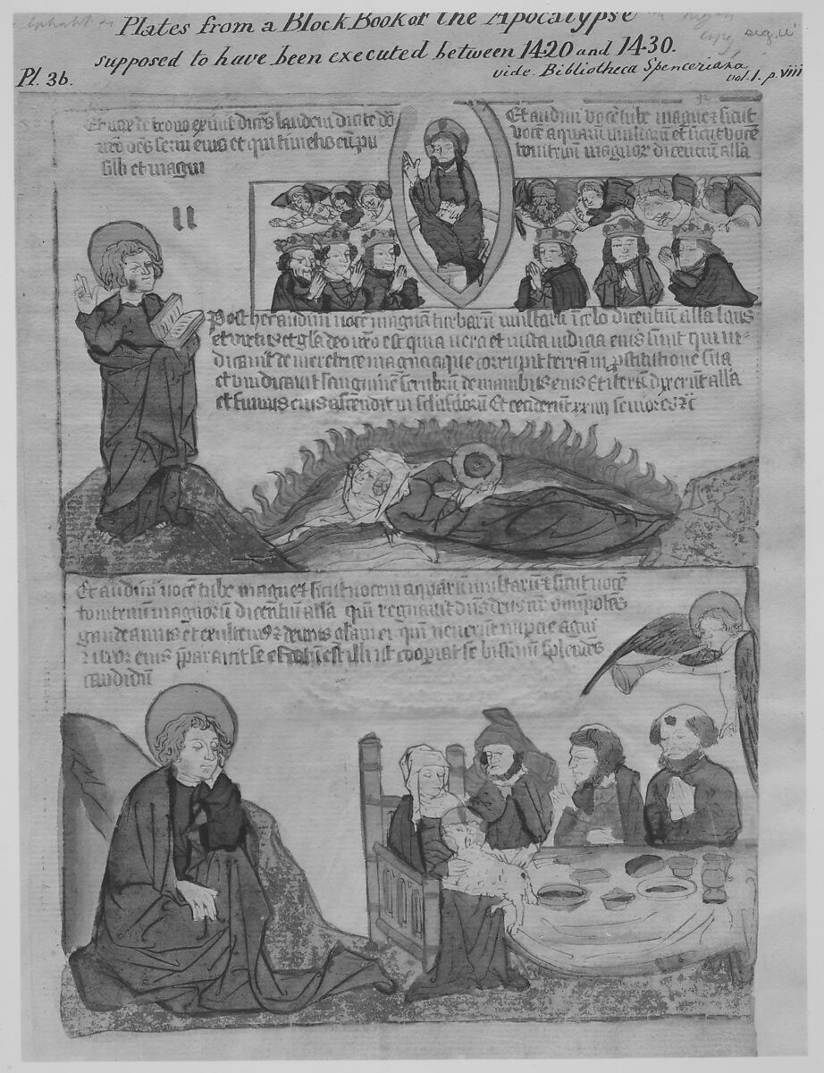 Song of Praise in Heaven over the Fall of the Whore of Babylon; The Wedding of the Lamb from an Apocalypse block book, 2nd edition, Anonymous, Netherlandish, 15th century, Woodcut, with hand coloring, in red, orange, green, gray, and yellow