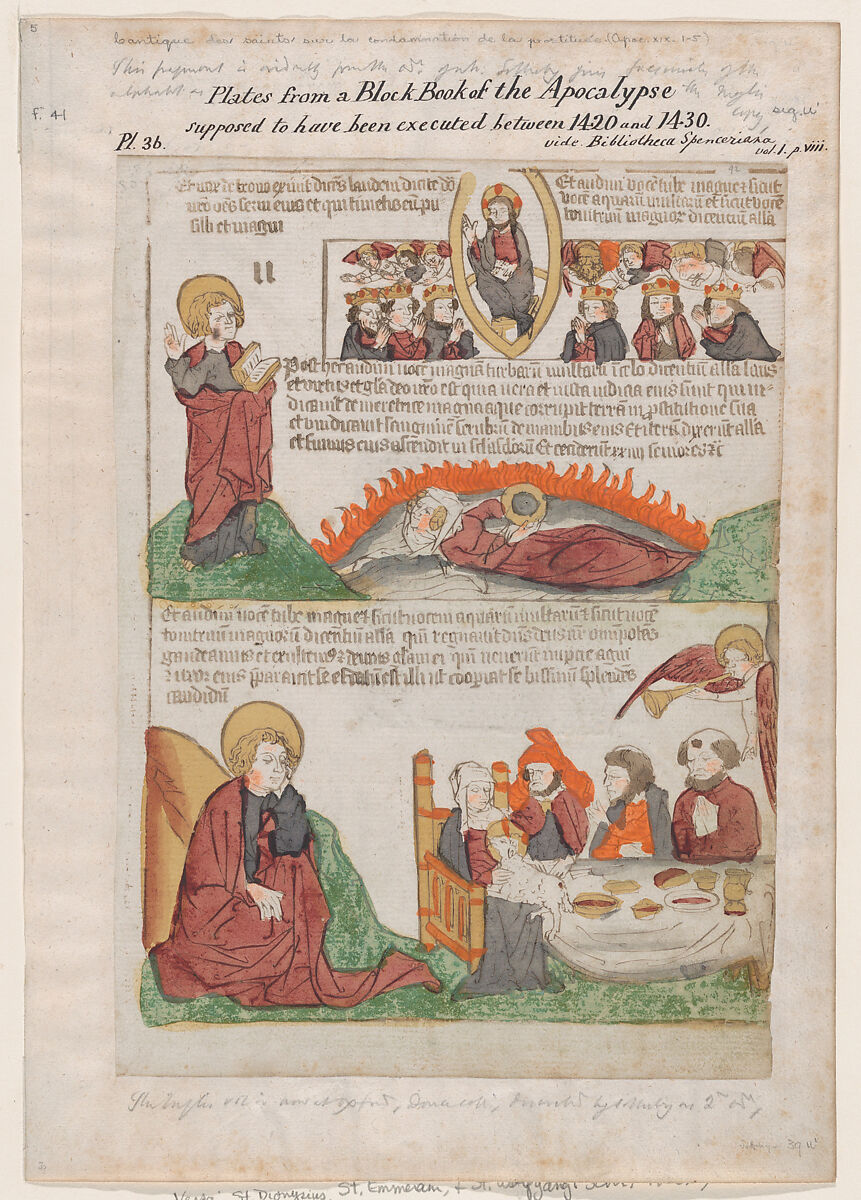 Song of Praise in Heaven over the Fall of the Whore of Babylon; The Wedding of the Lamb from an Apocalypse block book, 2nd edition, Anonymous, Netherlandish, 15th century, Woodcut, with hand coloring, in red, orange, green, gray, and yellow 