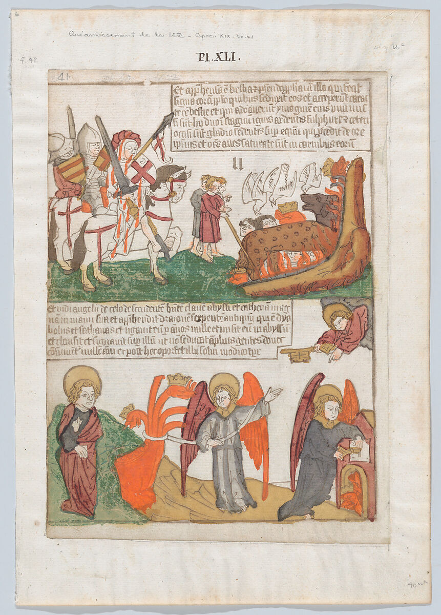 The Annihilation of the Beast; The Capture and Incarceration of the Beast from an Apocalypse blockbook, 2nd edition, Anonymous, Netherlandish, 15th century, Woodcut with hand coloring 