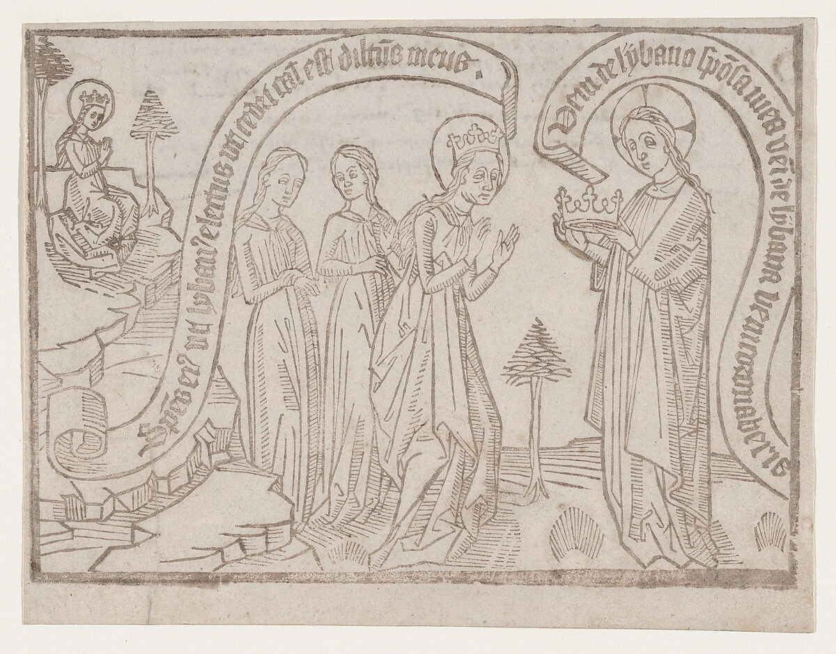 The Bridegroom Offering a Crown to the Bride, from a "Canticum Canticorum" block book, second edition, Anonymous, Netherlandish, 15th century, Woodcut printed in brown 