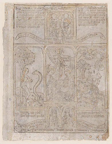 The Annunciation, flanked by Eve and the Serpent and Gideon's Fleece, from a 