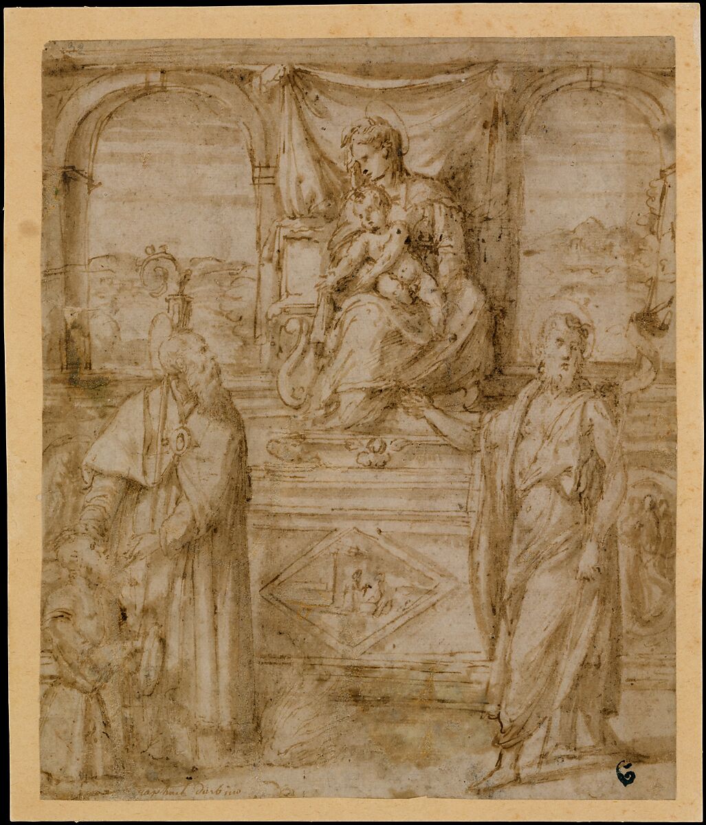 Madonna and Child Enthroned with Saint Basil the Great and Saint John the Baptist and Donor, Niccolò dell' Abate (Italian, Modena 1509–1571 Fontainebleau (?)), Pen and brown ink, brush and brown wash. Mounted on board