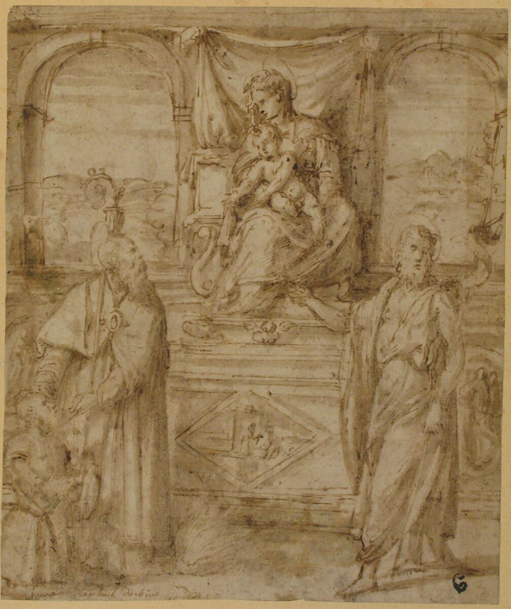 Madonna and Child Enthroned with Saint Basil the Great and Saint John the Baptist and Donor, Niccolò dell' Abate (Italian, Modena 1509–1571 Fontainebleau (?)), Pen and brown ink, brush and brown wash. Mounted on board