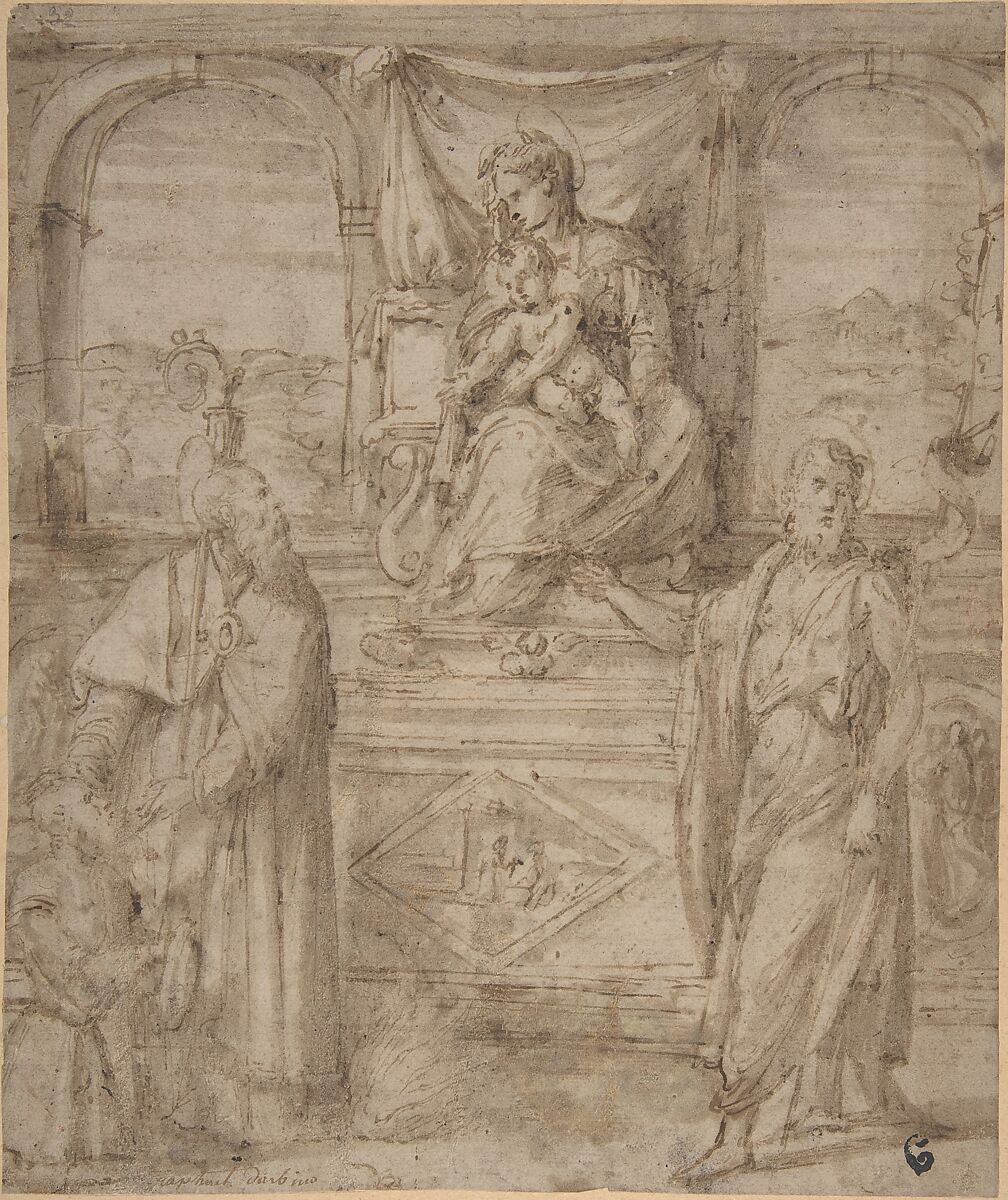 Madonna and Child Enthroned with Saint Basil the Great and Saint John the Baptist and Donor, Niccolò dell&#39; Abate (Italian, Modena 1509–1571 Fontainebleau (?)), Pen and brown ink, brush and brown wash. Mounted on board 