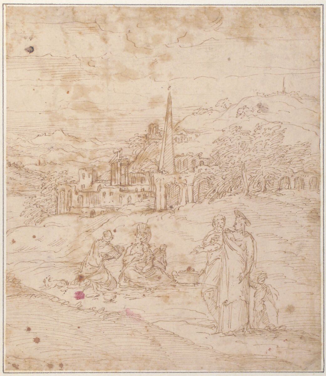 Standing and Seated Figures in a Landscape with an Obelisk, Giovanni Battista Pittoni the Elder (Italian, Vicenza ca. 1520–ca. 1583 Venice (?)), Pen and brown ink