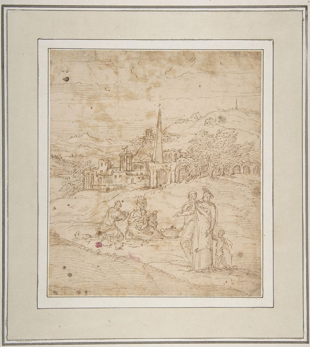 Standing and Seated Figures in a Landscape with an Obelisk, Giovanni Battista Pittoni the Elder (Italian, Vicenza ca. 1520–ca. 1583 Venice (?)), Pen and brown ink 