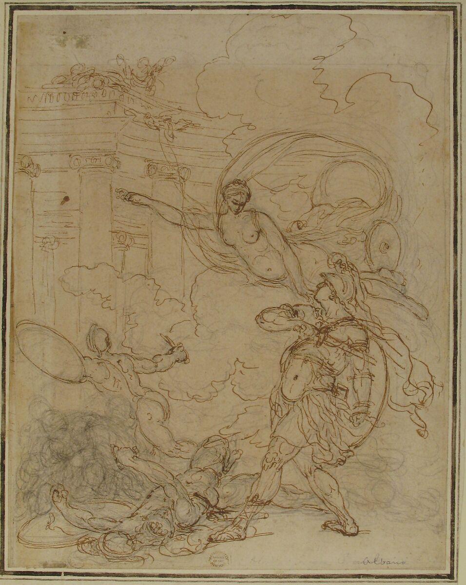 Goddess Inciting a Warrior, Francesco Albani (Italian, Bologna 1578–1660 Bologna), Pen and brown ink, over black chalk