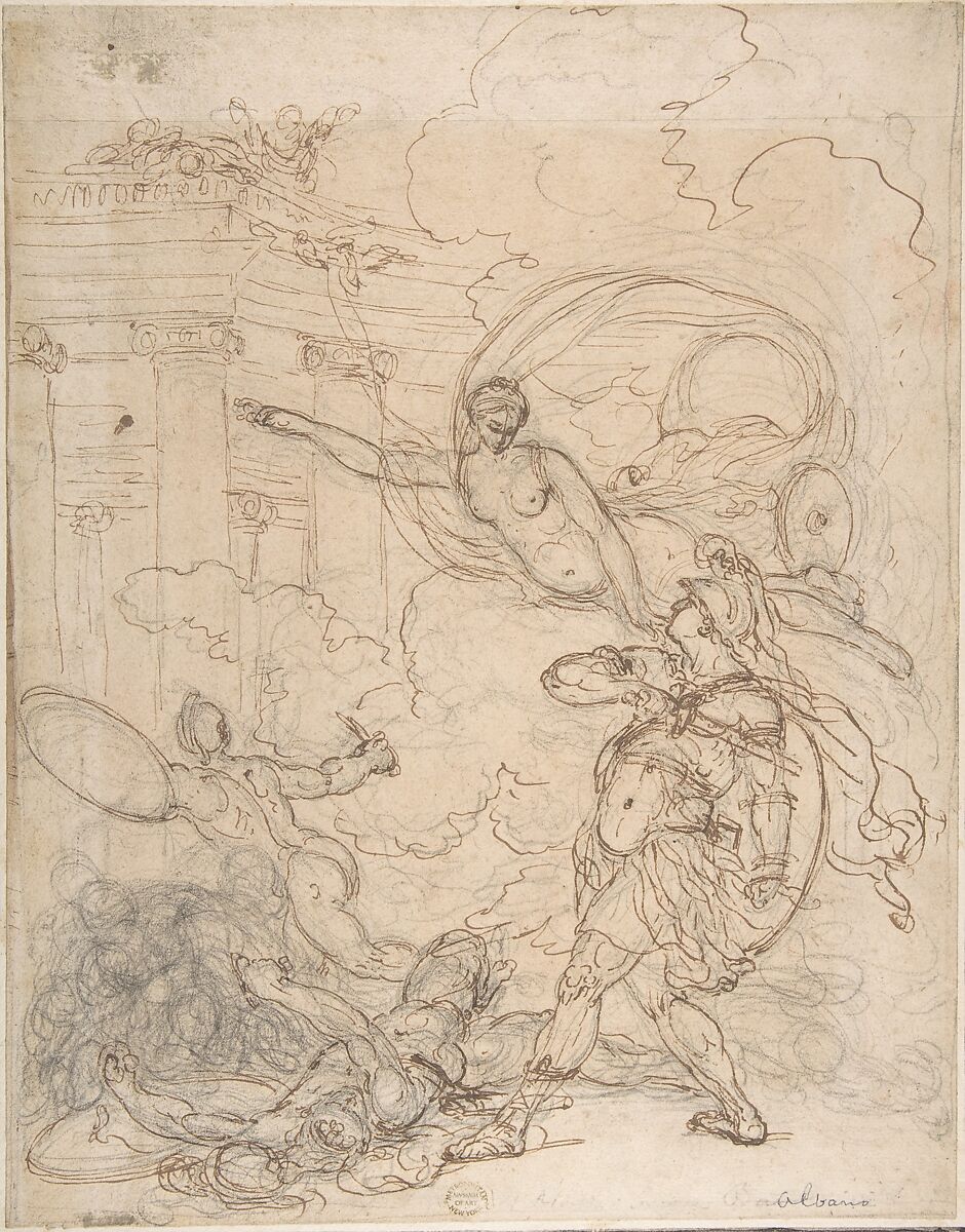 Goddess Inciting a Warrior, Francesco Albani (Italian, Bologna 1578–1660 Bologna), Pen and brown ink, over black chalk 