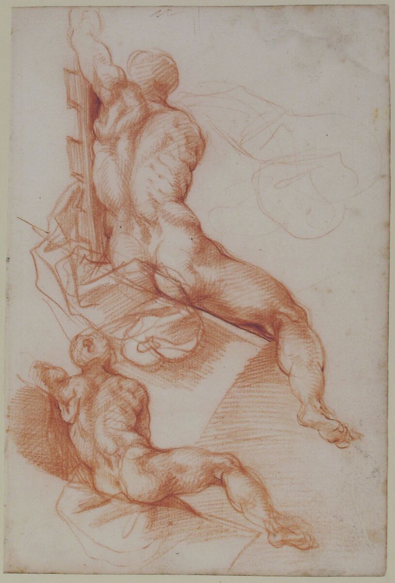 Two Studies of a Seated Male Nude Seen from the Back, attributed to Cherubino Alberti (Zaccaria Mattia) (Italian, Borgo Sansepolcro 1553–1615 Rome), Red chalk, with some contours reinforced in pen and brown ink.  Upper right corner replaced