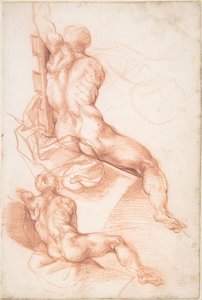 Two Studies of a Seated Male Nude Seen from the Back, Cherubino Alberti (Zaccaria Mattia)  Italian, Red chalk, with some contours reinforced in pen and brown ink.  Upper right corner replaced