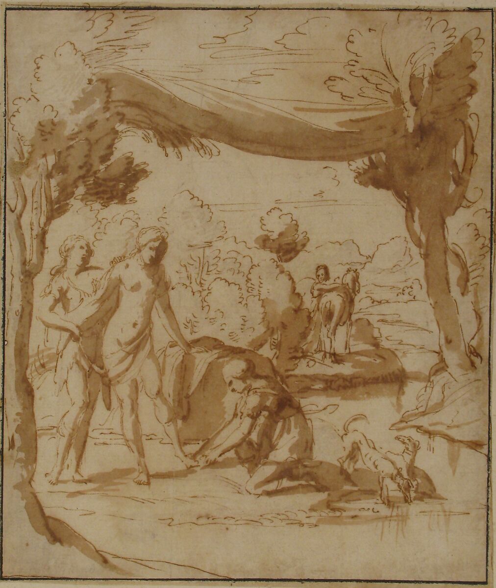 Diana Bathing, Francesco Albani (Italian, Bologna 1578–1660 Bologna), Pen and brown ink, brush and brown wash
