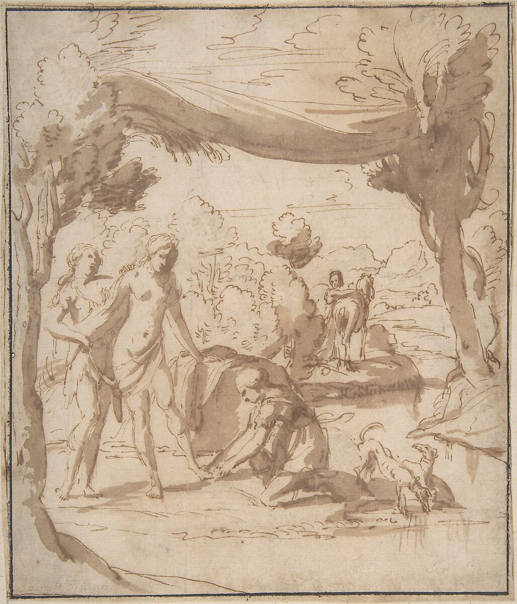 Diana Bathing, Francesco Albani (Italian, Bologna 1578–1660 Bologna), Pen and brown ink, brush and brown wash 