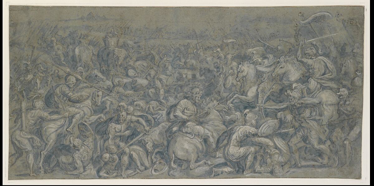 The Battle of Trasimeno, Crispijn van den Broeck (Netherlandish, Mechelen ca. 1524–ca. 1591 Antwerp), Pen and brown ink, blue wash, white heighteningr. Framing line in pen and brown ink