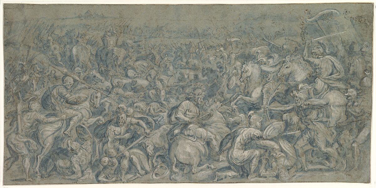 The Battle of Trasimeno, Crispijn van den Broeck (Netherlandish, Mechelen ca. 1524–ca. 1591 Antwerp), Pen and brown ink, blue wash, white heighteningr. Framing line in pen and brown ink 