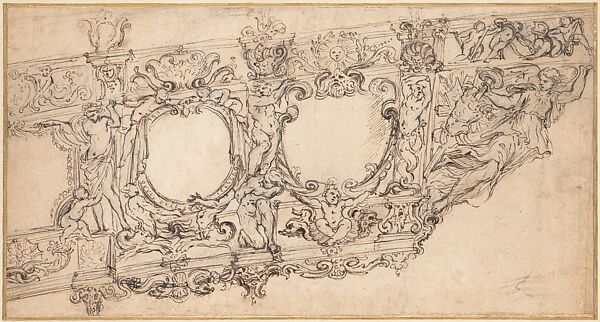 Design for the Prow of a Galley of Pope Urban VIII, with Figures of Victory, Sea Gods, Angels, and the Emblems of  the Barberini Family, Alessandro Algardi (Italian, Bologna 1598–1654 Rome), Pen and brown ink, over leadpoint and partial stylus-incisions 