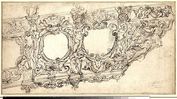 Design for the Prow of a Galley of Pope Urban VIII, with Figures of Victory, Sea Gods, Angels, and the Emblems of  the Barberini Family, Alessandro Algardi (Italian, Bologna 1598–1654 Rome), Pen and brown ink, over leadpoint and partial stylus-incisions