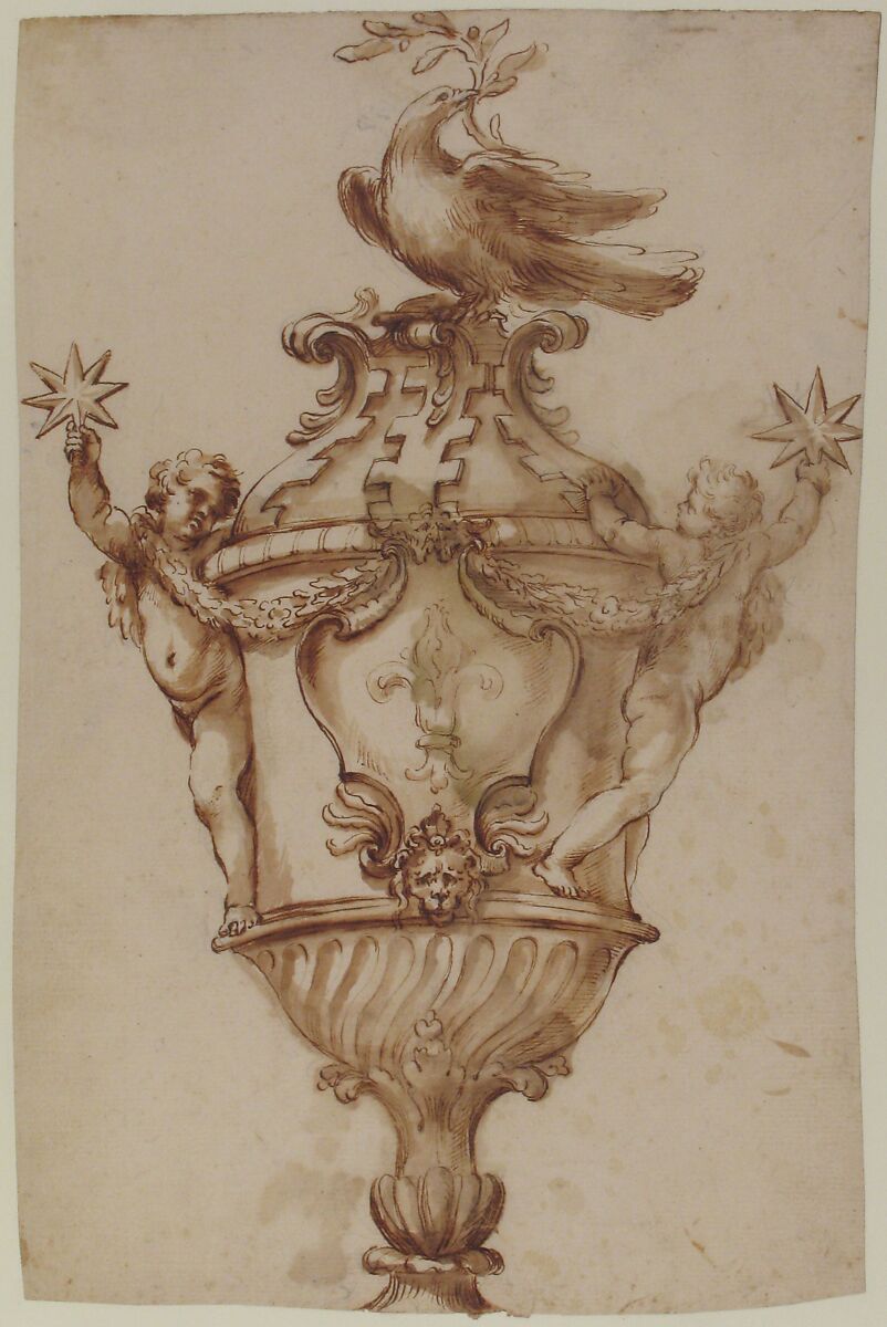 Design for a Covered Vase with the Arms of the Aldobrandini and Pamphilj Families, Alessandro Algardi (Italian, Bologna 1598–1654 Rome), Pen and brown ink, brush and brown wash