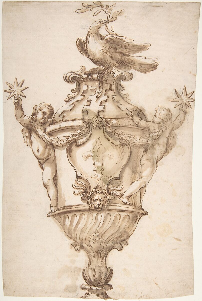 Design for a Covered Vase with the Arms of the Aldobrandini and Pamphilj Families, Alessandro Algardi (Italian, Bologna 1598–1654 Rome), Pen and brown ink, brush and brown wash 